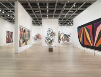 Frank Stella: A Retrospective, (left to right) Lac Laronge IV, 1969; The Fountain, 1992; La penna di hu, 1987-2009; The Grand Armada, 1989; At Sainte Luce!, 1998; K.81 combo (K.37 and K.43) large size, 2009; Damascus Gate (Stretch Variation III), 1970