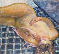 Reclining nude against a white and blue plaid Reclining nude against a white and blue plaid