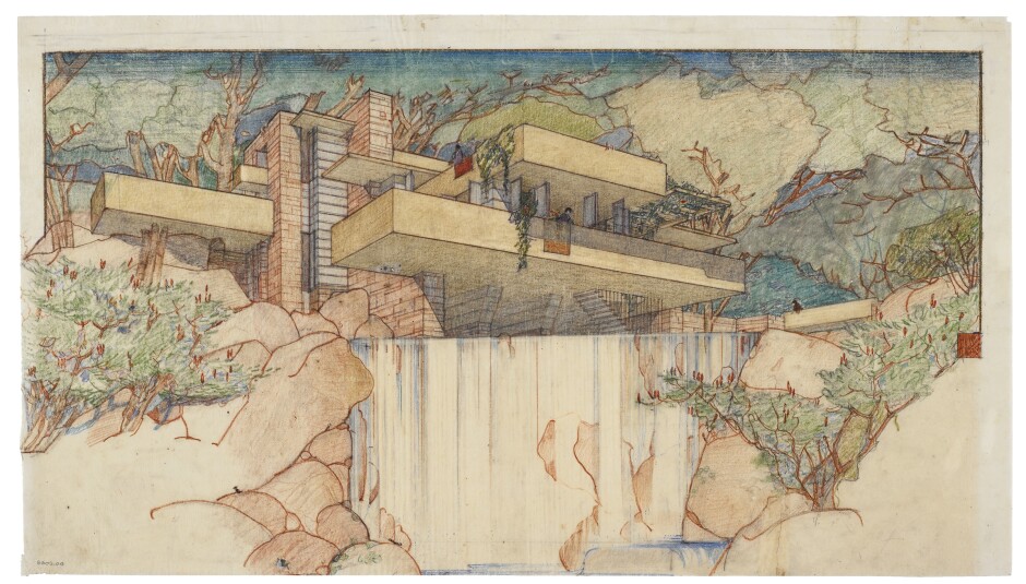 Frank Lloyd Wright, Fallingwater (Kaufmann House), Mill Run, Pennsylvania, perspective from the south Frank Lloyd Wright, Fallingwater (Kaufmann House), Mill Run, Pennsylvania, perspective from the south