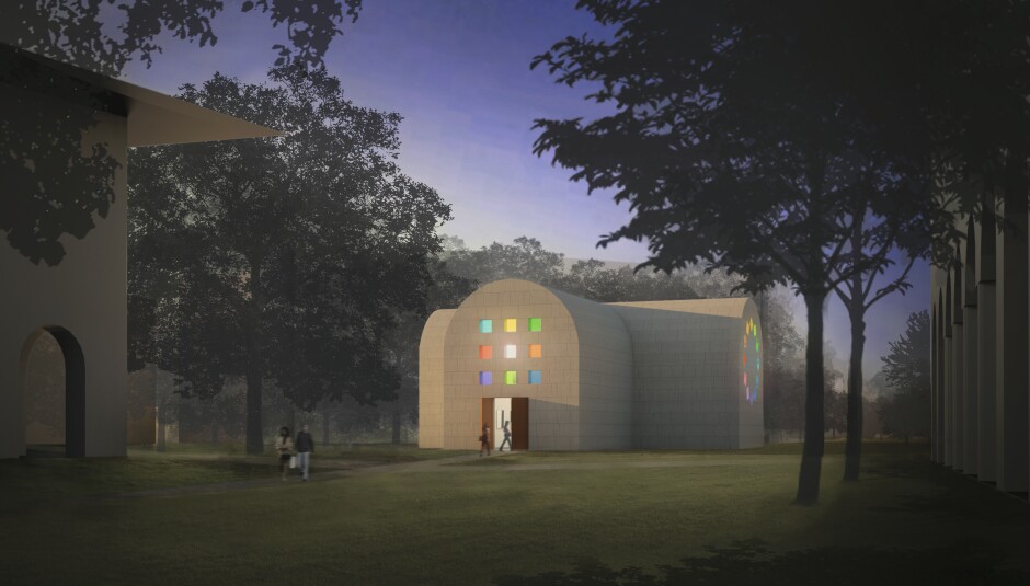 A RENDERING OF THE EXTERIOR OF AUSTIN. COURTESY BLANTON MUSEUM OF ART.